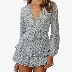 Women’s Floral Print Deep V-Neck Romper Double Layer Ruffle Hem Jumpsuit